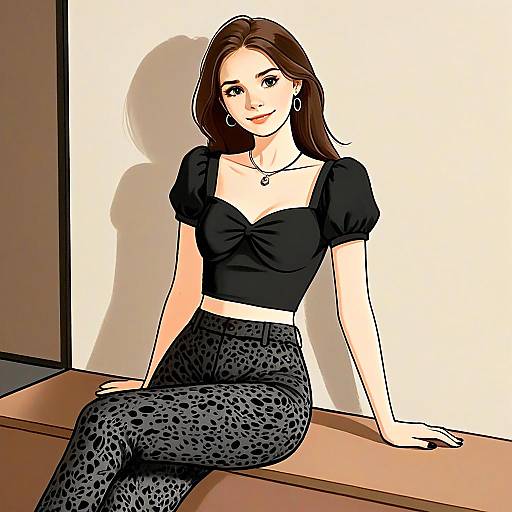 Woman in Casual Chic Fitted Black Crop Top and Leopard Print Pants Digital Illustration