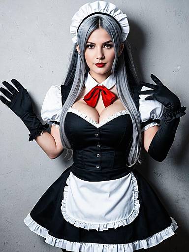 Woman in Classic French Maid Costume with Silver Hair and Red Bow