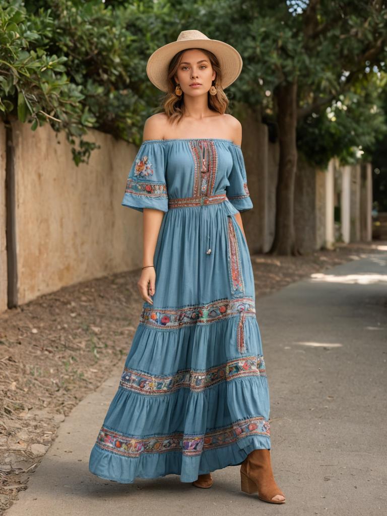 Stylish woman in blue maxi dress