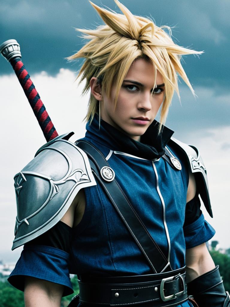 Realistic Cloud Strife Cosplay Man in Final Fantasy VII Costume