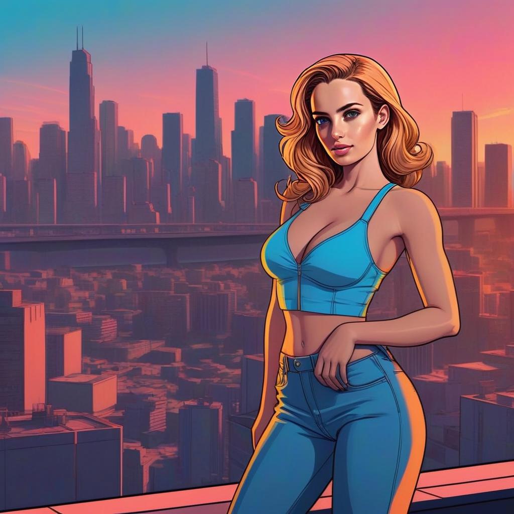 Confident Woman in Blue Crop Top Against City Skyline