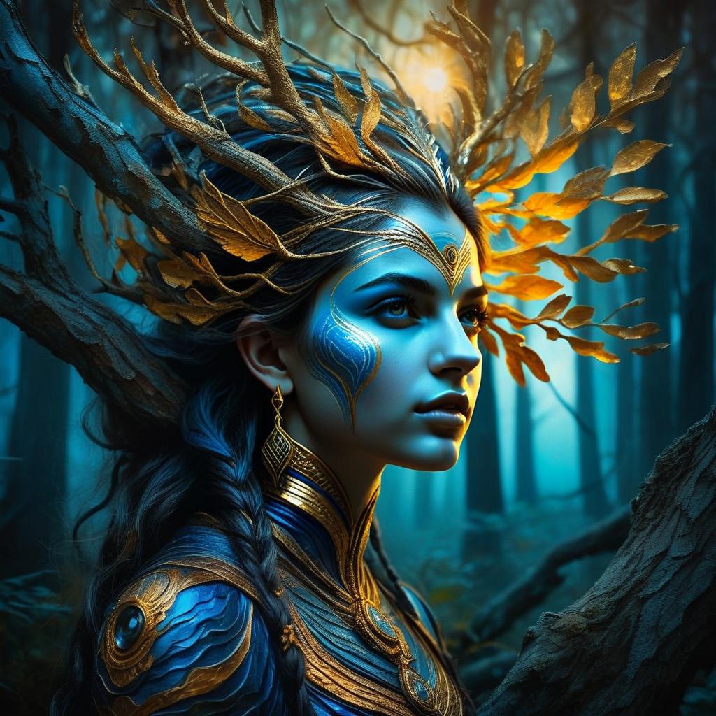 Woman in Golden and Blue Face Paint in Enchanted Forest