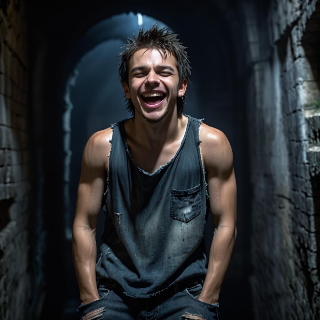 Confident Young Man in Dimly Lit Corridor