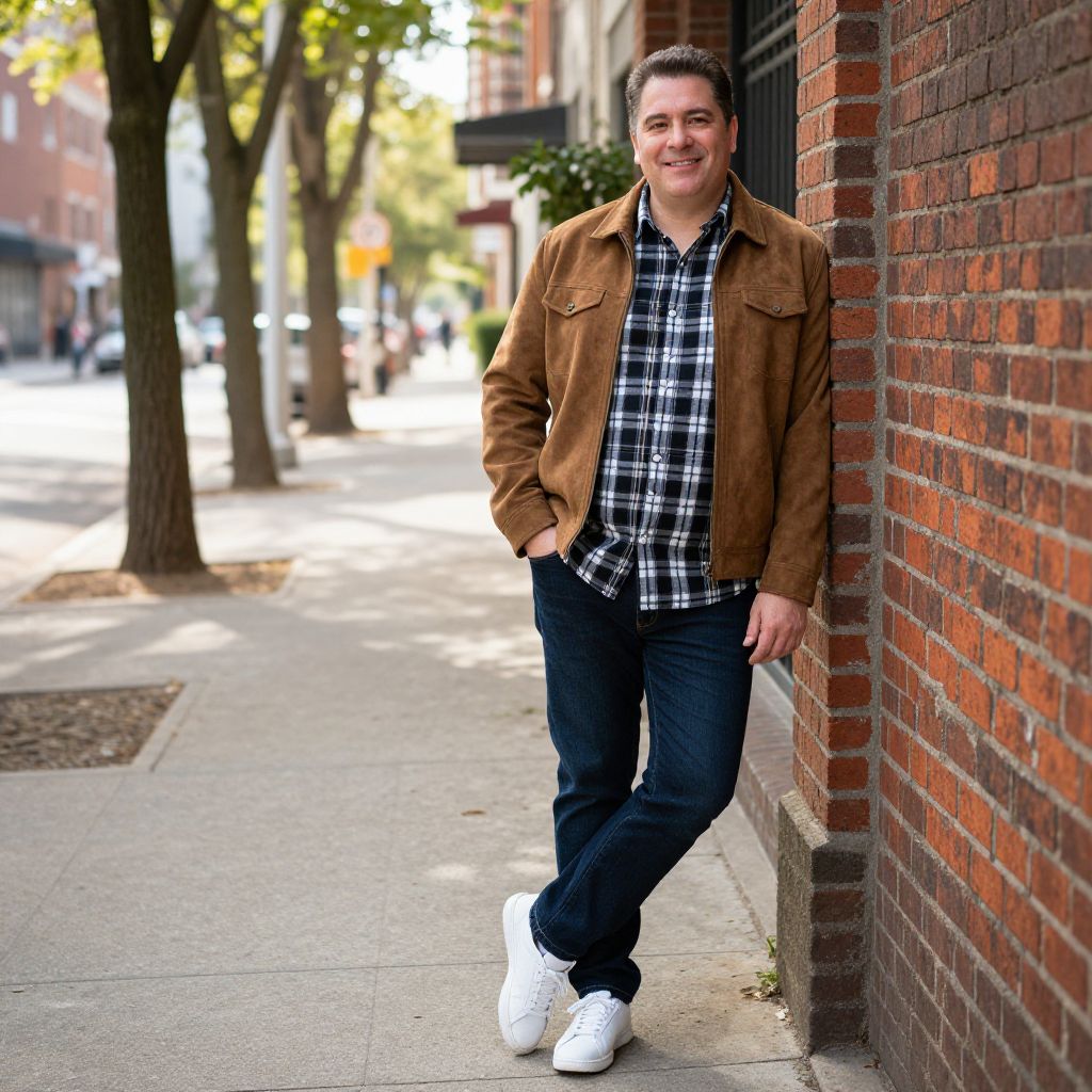 Casual Man Leaning on Brick Wall in Urban Street