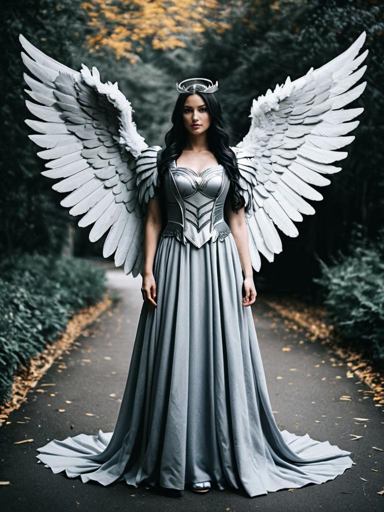 Woman in Grey Angel Wings Costume Full Body Cosplay Photo