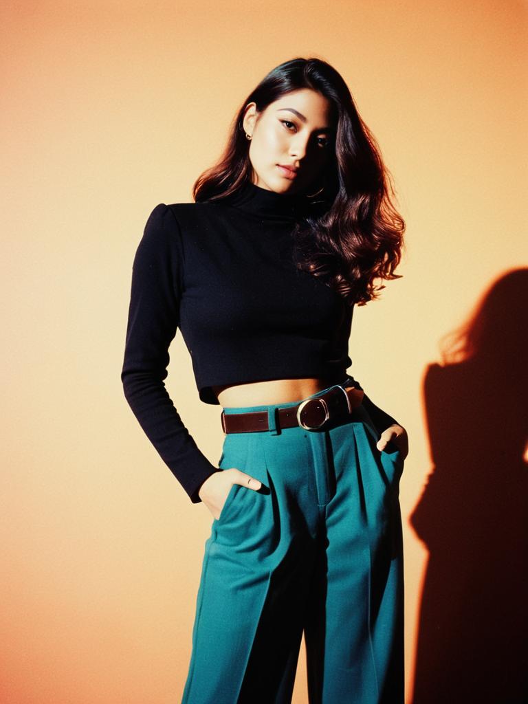 Woman in Contemporary Minimalist Black Asymmetrical Crop Top with Teal High-Waisted Trousers