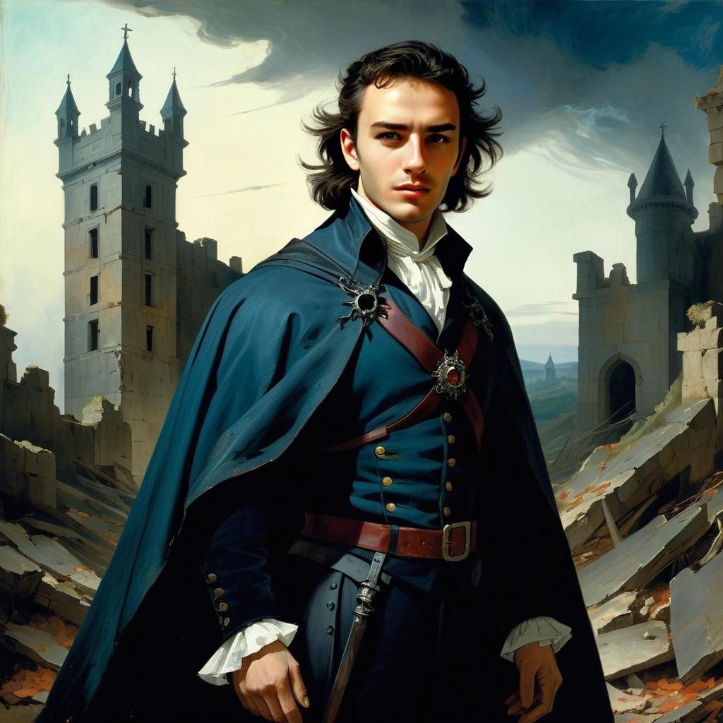 Young Man in Dark Cloak at Medieval Castle Ruins