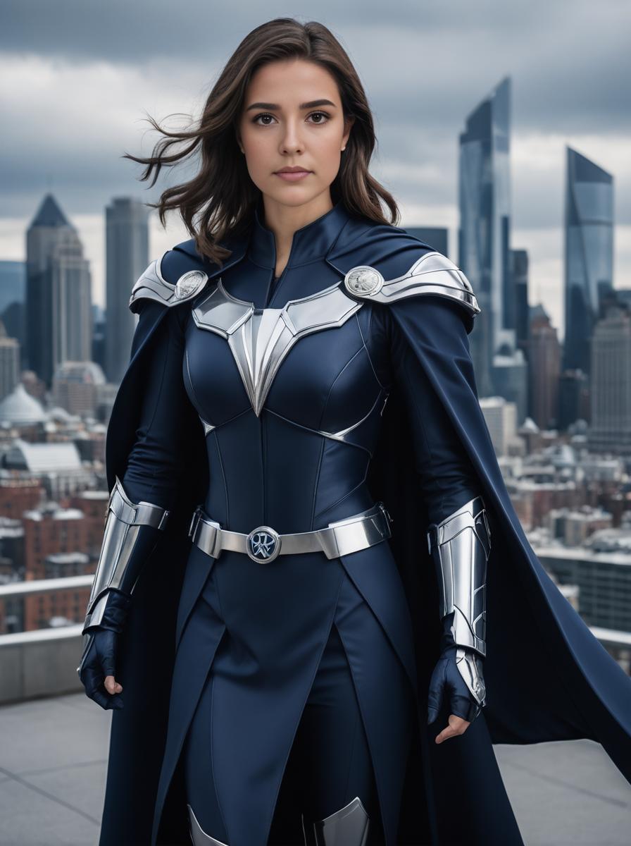 Strong Female Superhero in Blue and Silver Costume