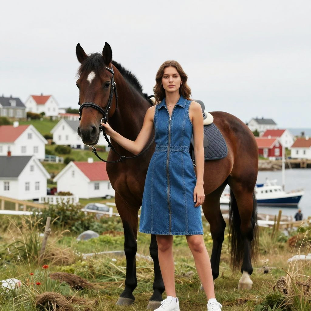 Young Woman in Denim Dress with Horse in Coastal Village