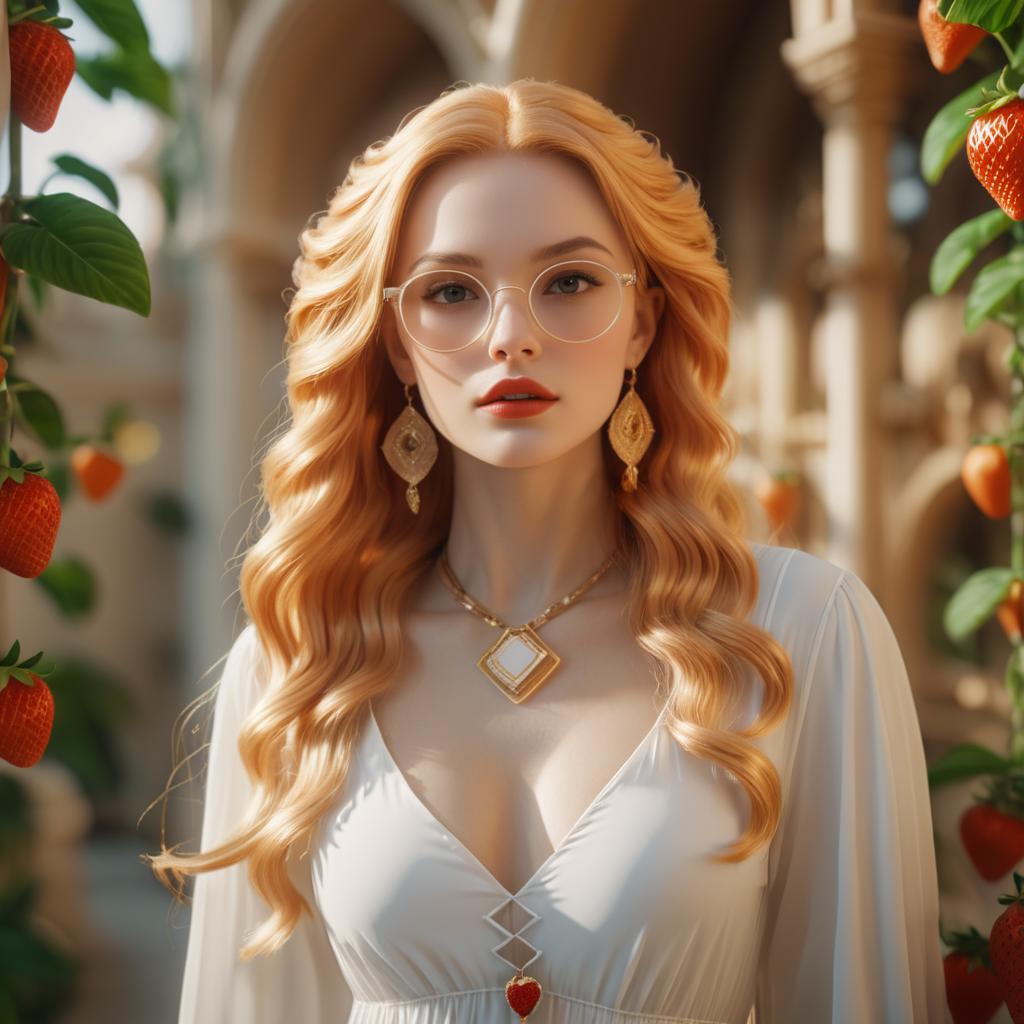 Elegant Woman with Blonde Hair in Strawberry Plants