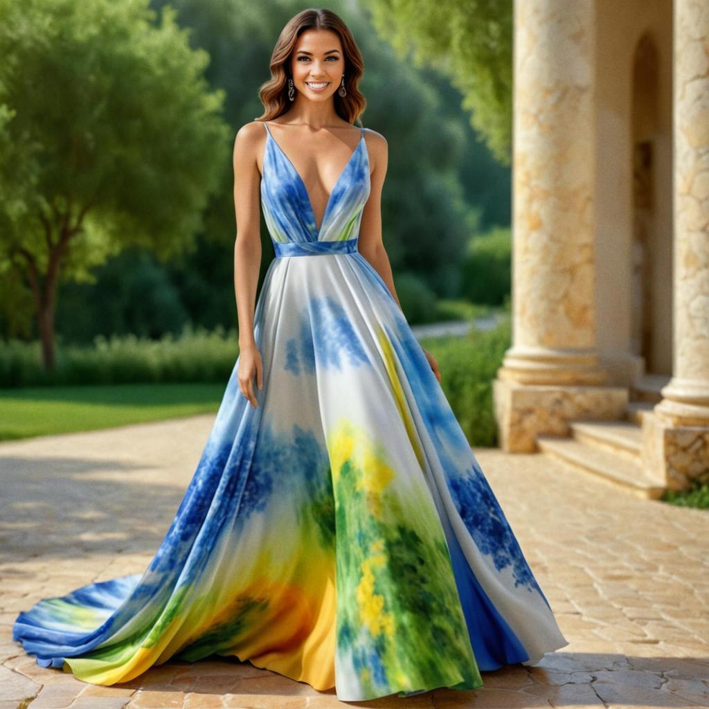 Elegant Woman in Colorful Dress Outside Villa