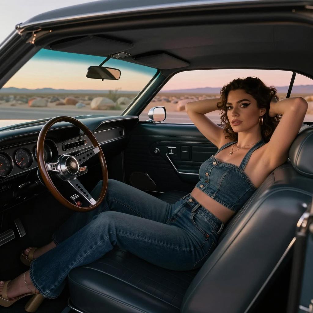 Stylish Young Woman in Denim Outfit Relaxing in Classic Car Interior at Sunset