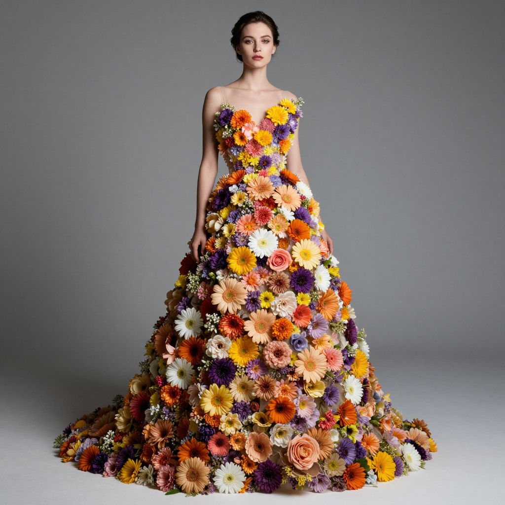 Woman Wearing Elegant Floral Dress Made of Vibrant Multi-Colored Flowers