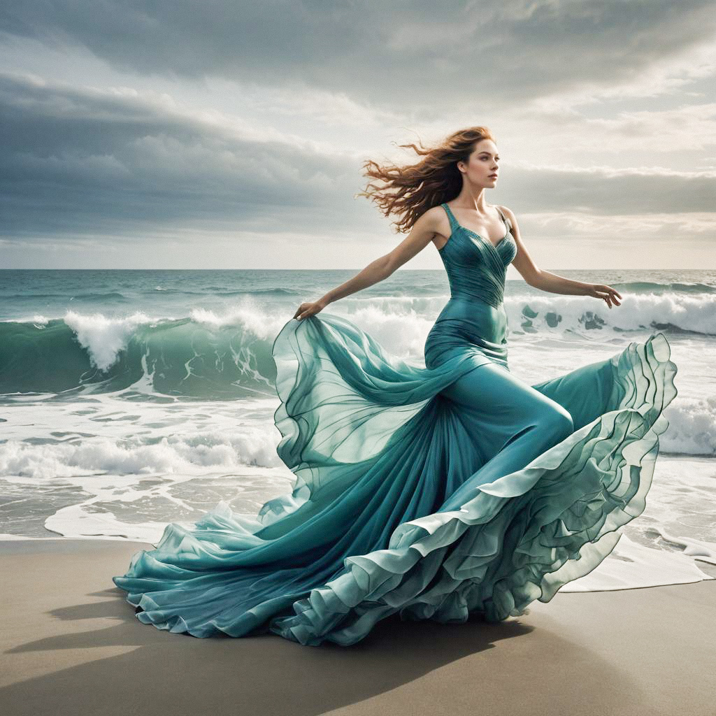 Woman in Teal Dress Dancing on Beach