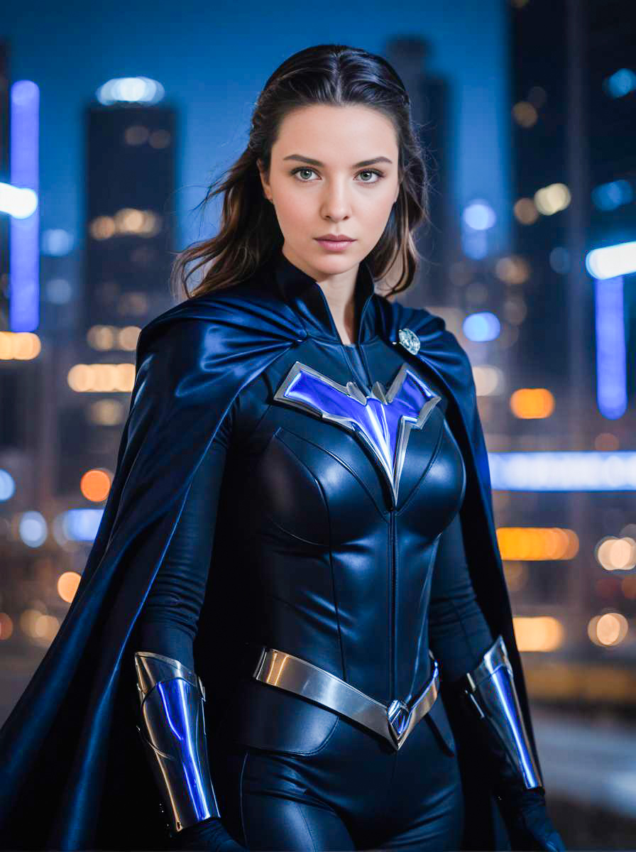 Futuristic Superhero Woman in Cityscape