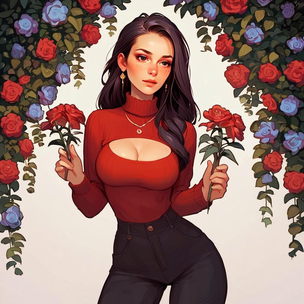 Woman in Red Sweater with Roses - Anime Style Woman in Red Sweater with Roses - Anime Style