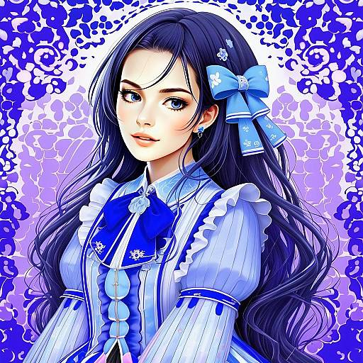 Elegant Anime Woman in Blue Victorian Dress with Floral Background
