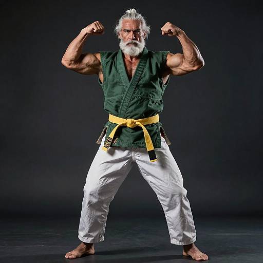 Elderly Martial Artist Flexing Muscles in Green Gi with Yellow Belt