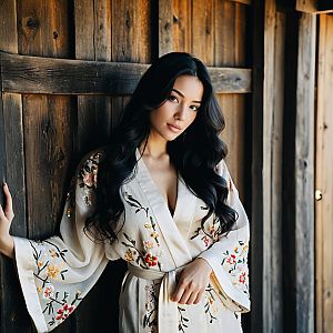 Elegant Woman in Embroidered Floral Robe Against Wooden Background