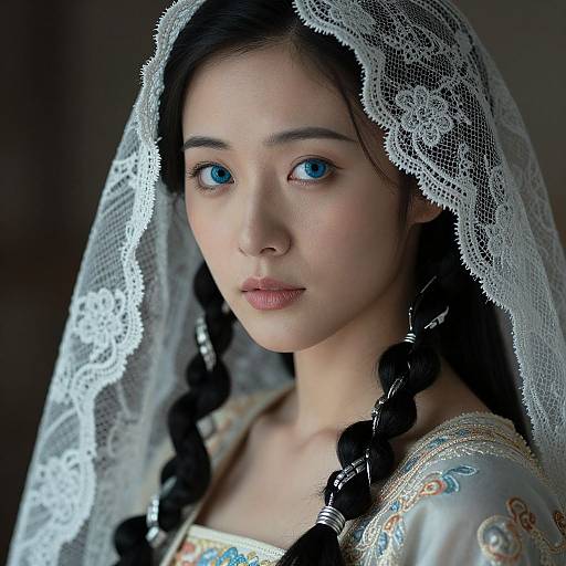 Portrait of Woman with Blue Eyes and Lace Veil in Traditional Embroidered Garment