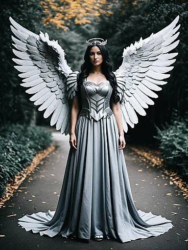 Woman in Grey Angel Wings Costume Full Body Cosplay Photo