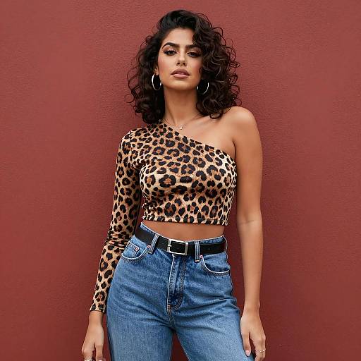Gen Z Fashion: Woman Wearing Leopard Print One-Shoulder Crop Top and Blue Jeans