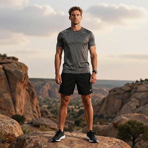 Fit Man Standing on Rock in Mountain Landscape Wearing Athletic Apparel
