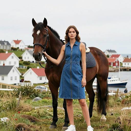 Young Woman in Denim Dress with Horse in Coastal Village