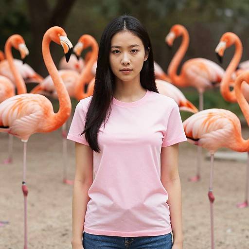 Woman in Pink Shirt Standing Among Flamingos