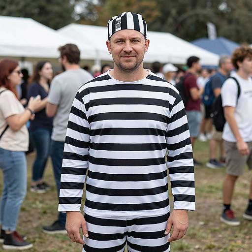 Man Wearing Classic Black and White Striped Prisoner Costume at Outdoor Event