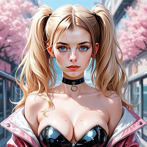 Anime Style Blonde Woman with Twin Tails and Cherry Blossoms Digital Illustration