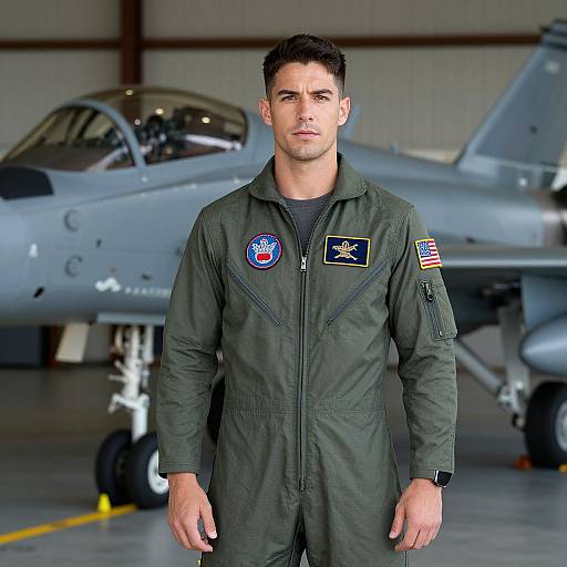 Male Pilot in Flight Suit Standing by Military Aircraft in Hangar
