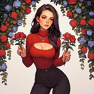 Woman in Red Sweater with Roses - Anime Style