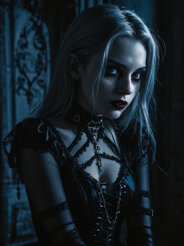 Gothic Woman Portrait in Dark Moody Lighting with Lace and Chains