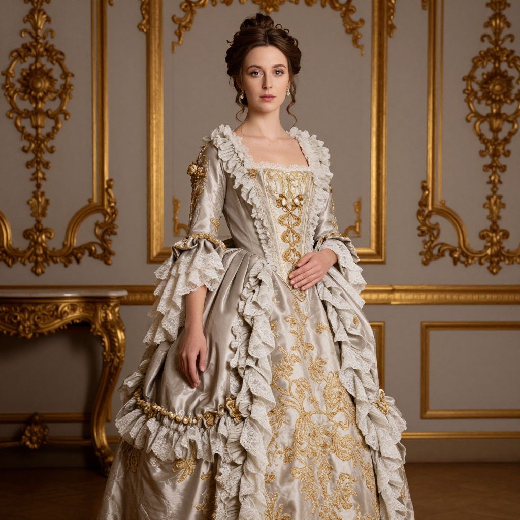 Woman in 18th Century Rococo Gown in Ornate Gold-Decorated Interior