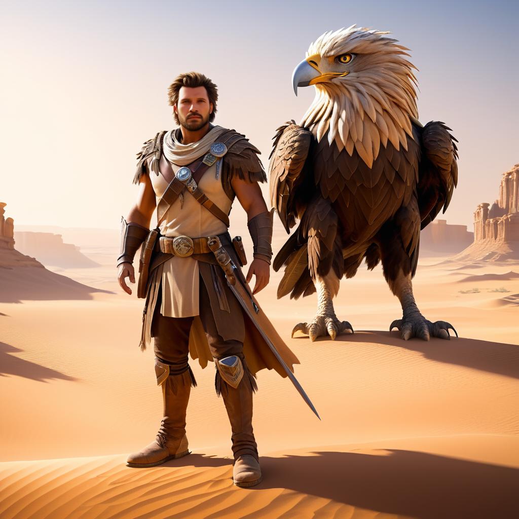 Heroic Man with Eagle in Desert Landscape