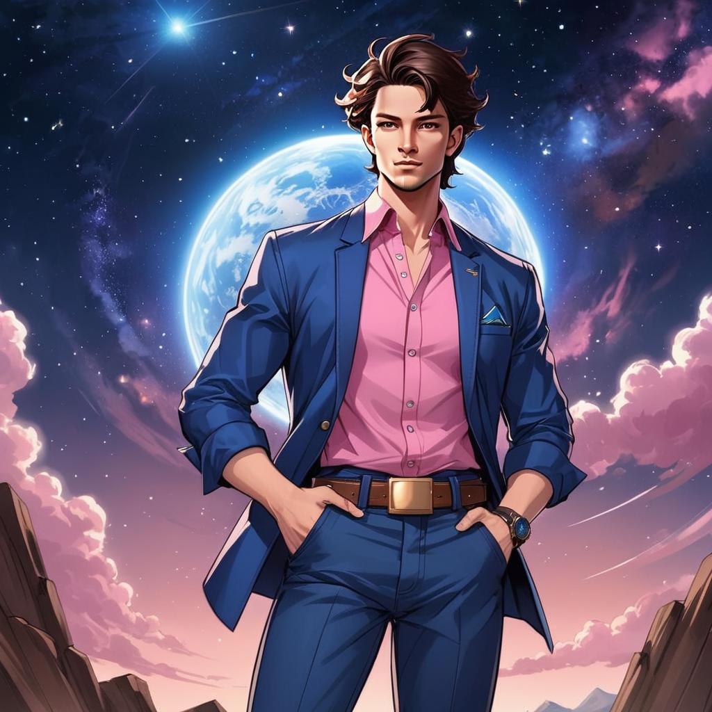Stylish Anime Man in Blue Suit with Cosmic Background