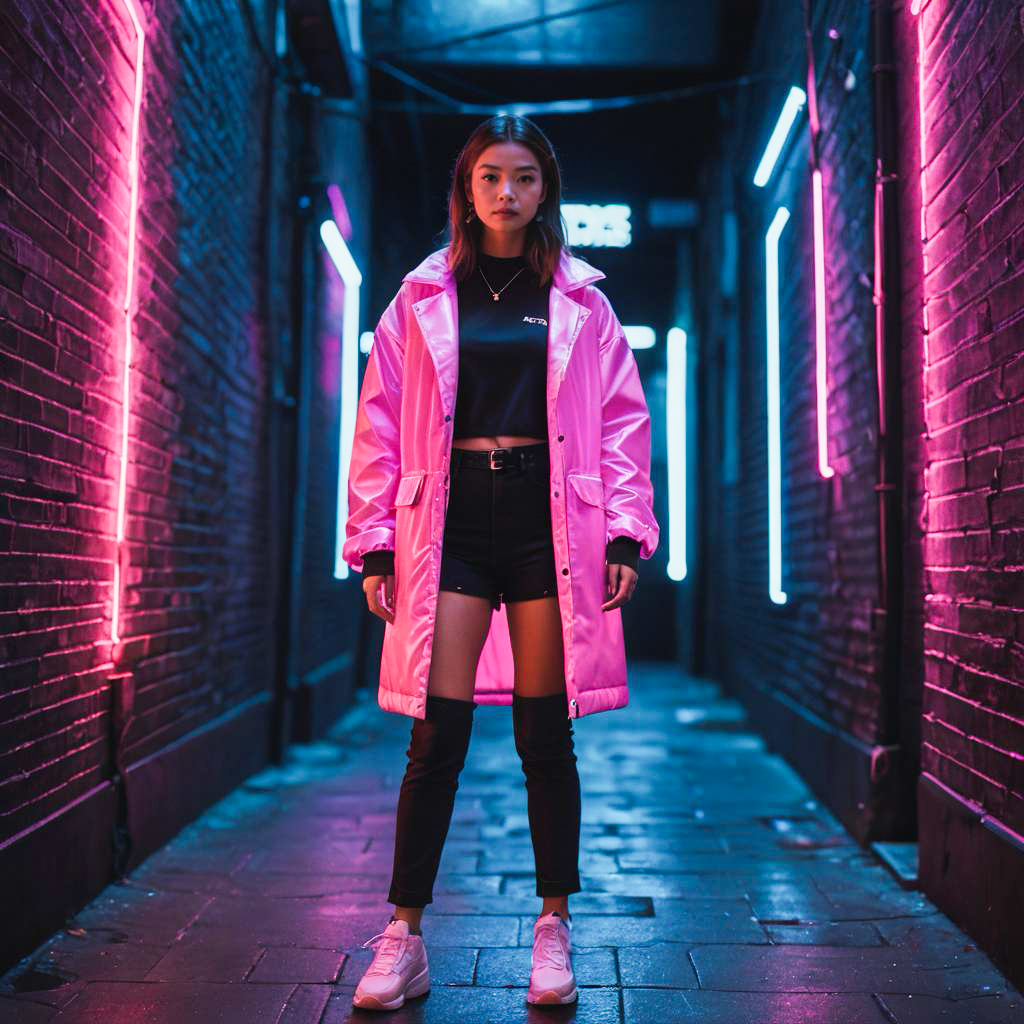 Confident Woman in Neon Alleyway