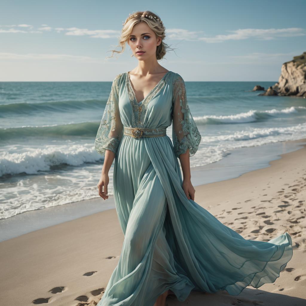 Woman in Elegant Blue Dress on Serene Beach