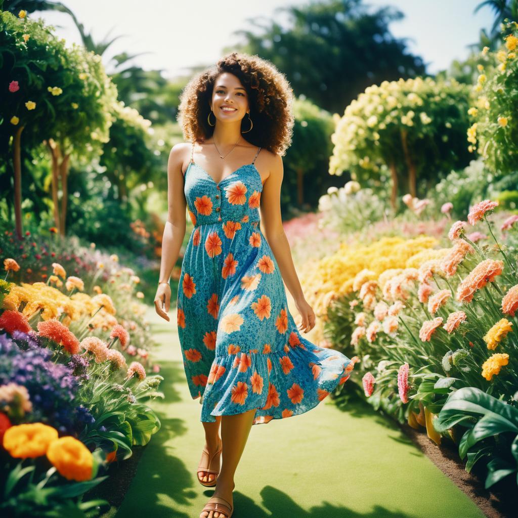 Joyful Woman in Blue Dress in Vibrant Garden