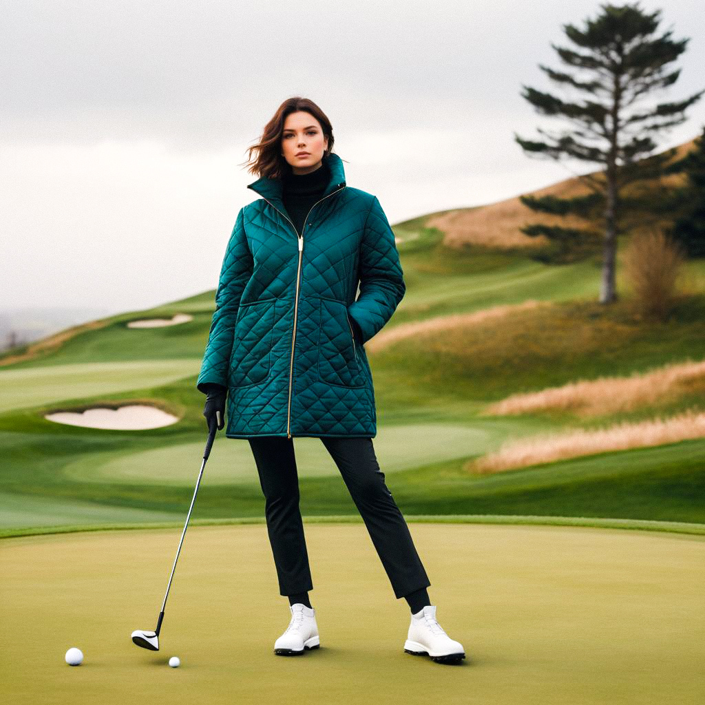 Stylish Woman in Teal Coat on Golf Course