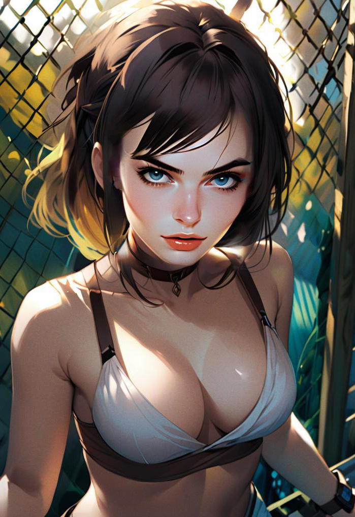 Anime-style Portrait of Woman with Blue Eyes and Short Hair by Chain-link Fence