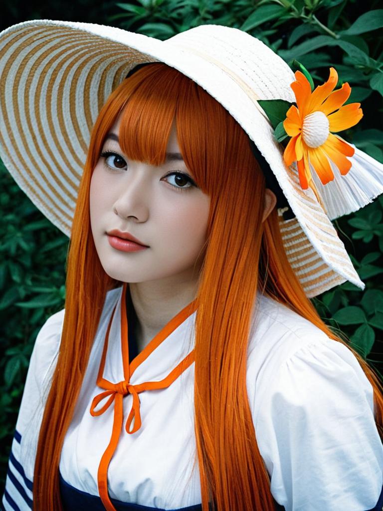 Akikawa Yayoi Umamusume Cosplay Portrait with White Flower Hat