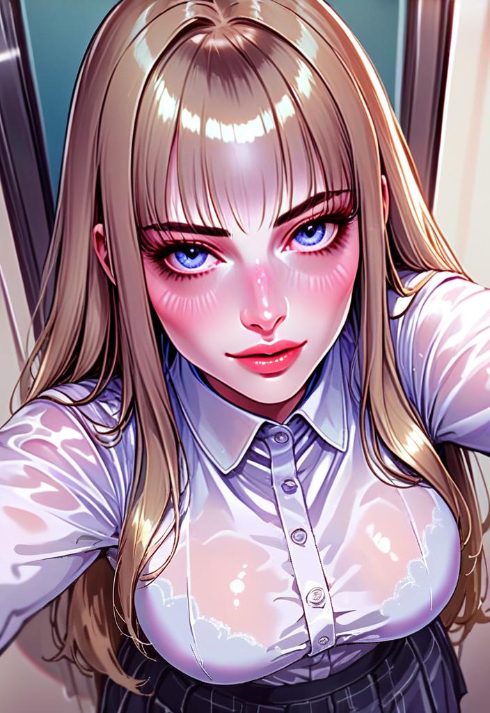 Anime Style Portrait of Blonde Woman with Blue Eyes in Glossy White Blouse