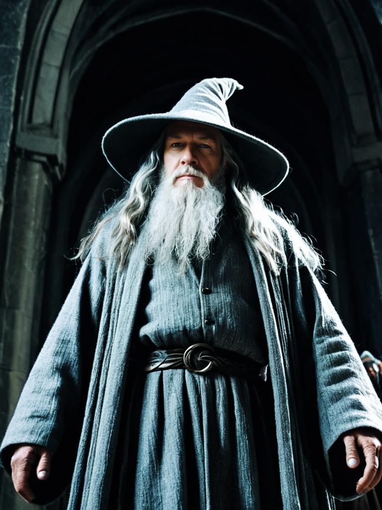 Man in Gandalf Costume Cinematic Low-Angle Fantasy Portrait