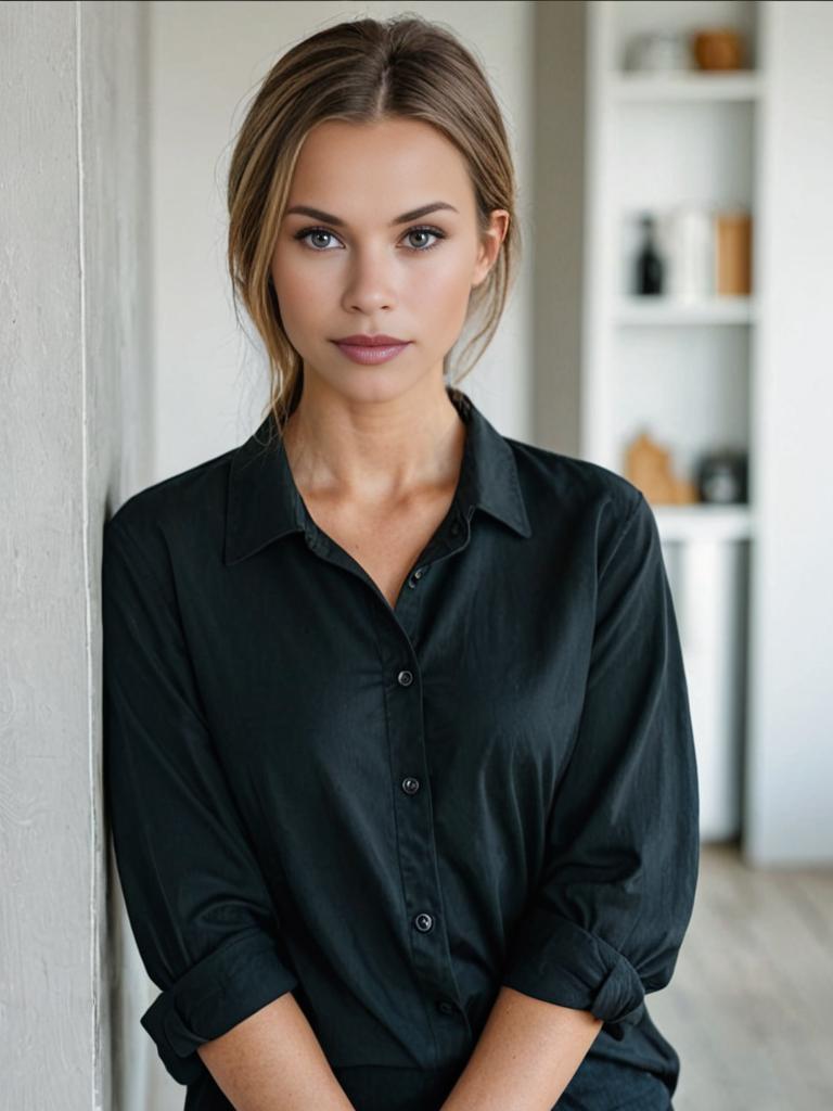 Woman in black shirt with rolled-up sleeves