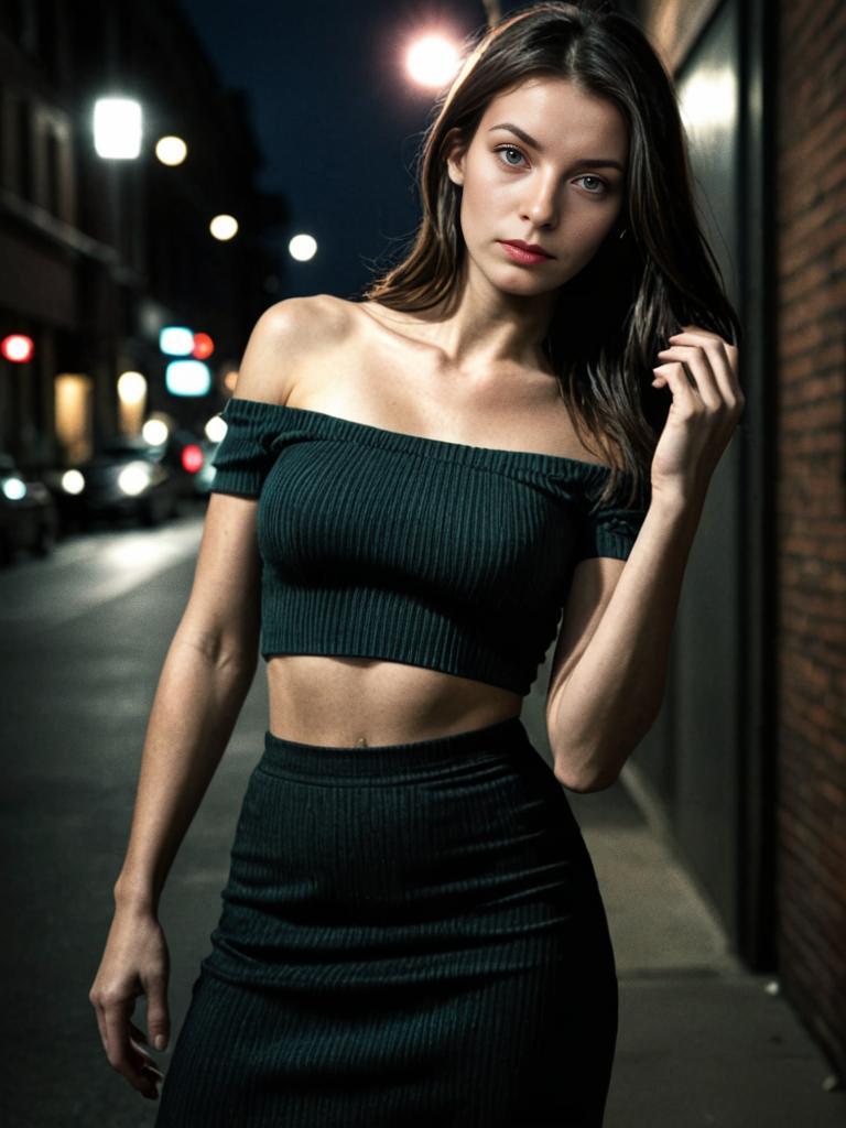 Confident Woman in Off-Shoulder Crop Top at Night