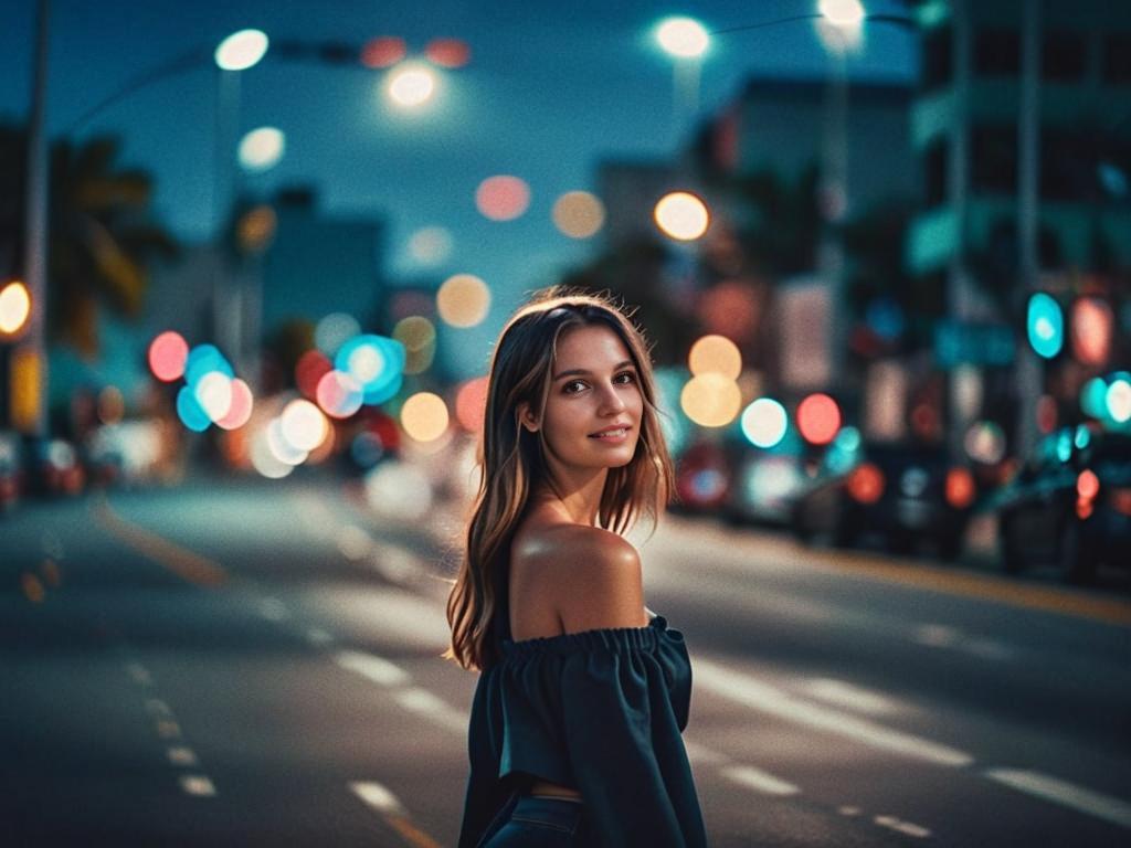 Confident Woman in City Lights