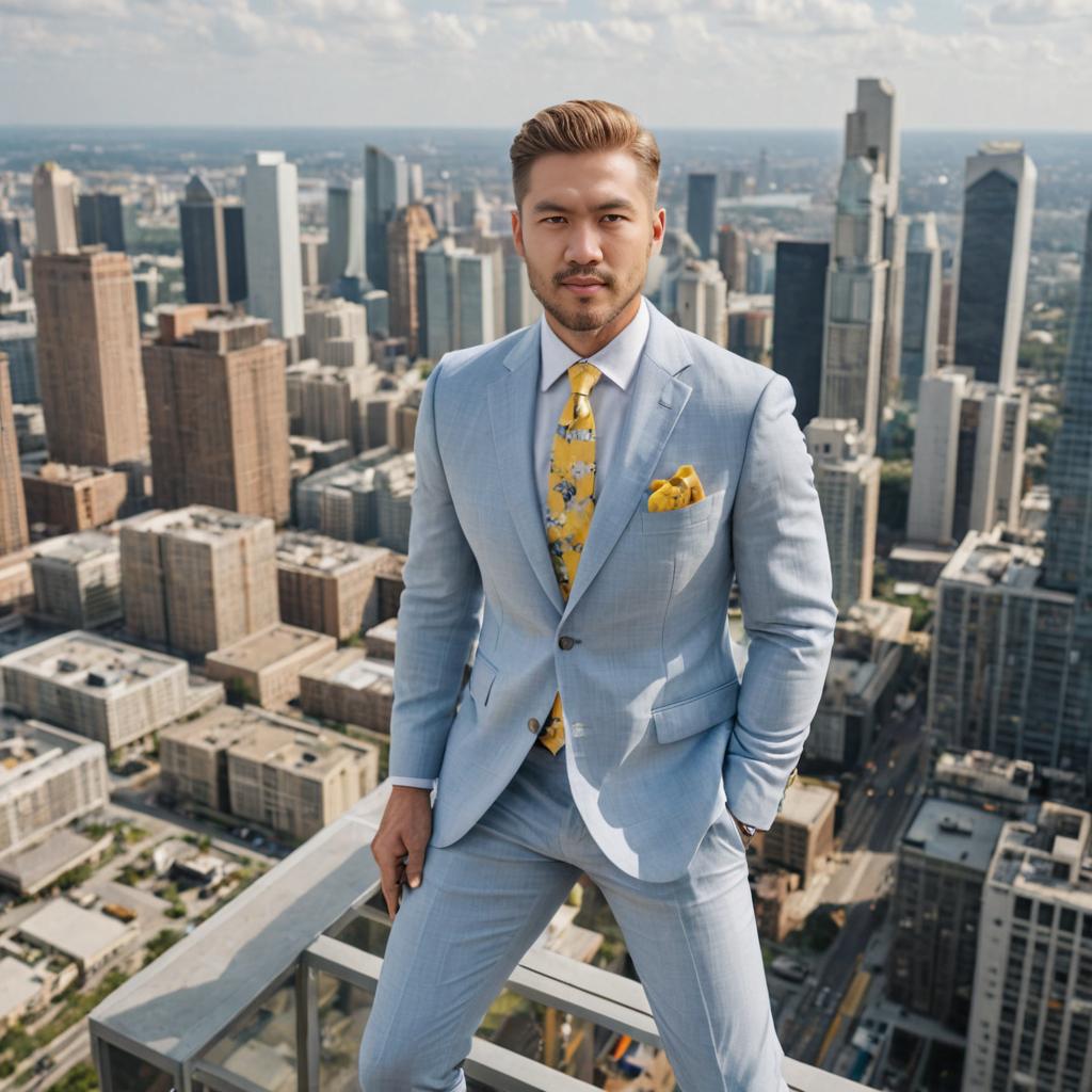 Confident Man in Light Blue Suit Against City Skyline