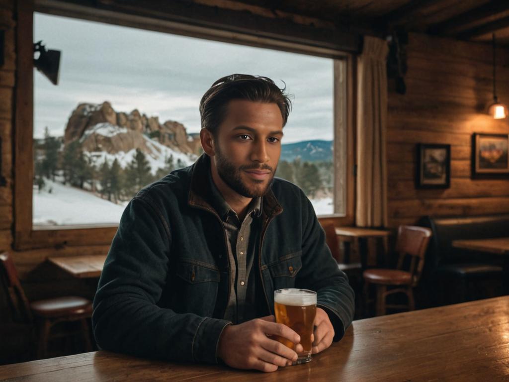 Man in cozy pub enjoying beer with snowy view